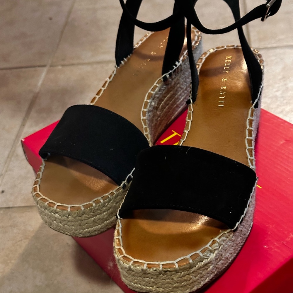 Kelly & Katie Black Espadrille Platform Wedge Sandals with Ankle strap